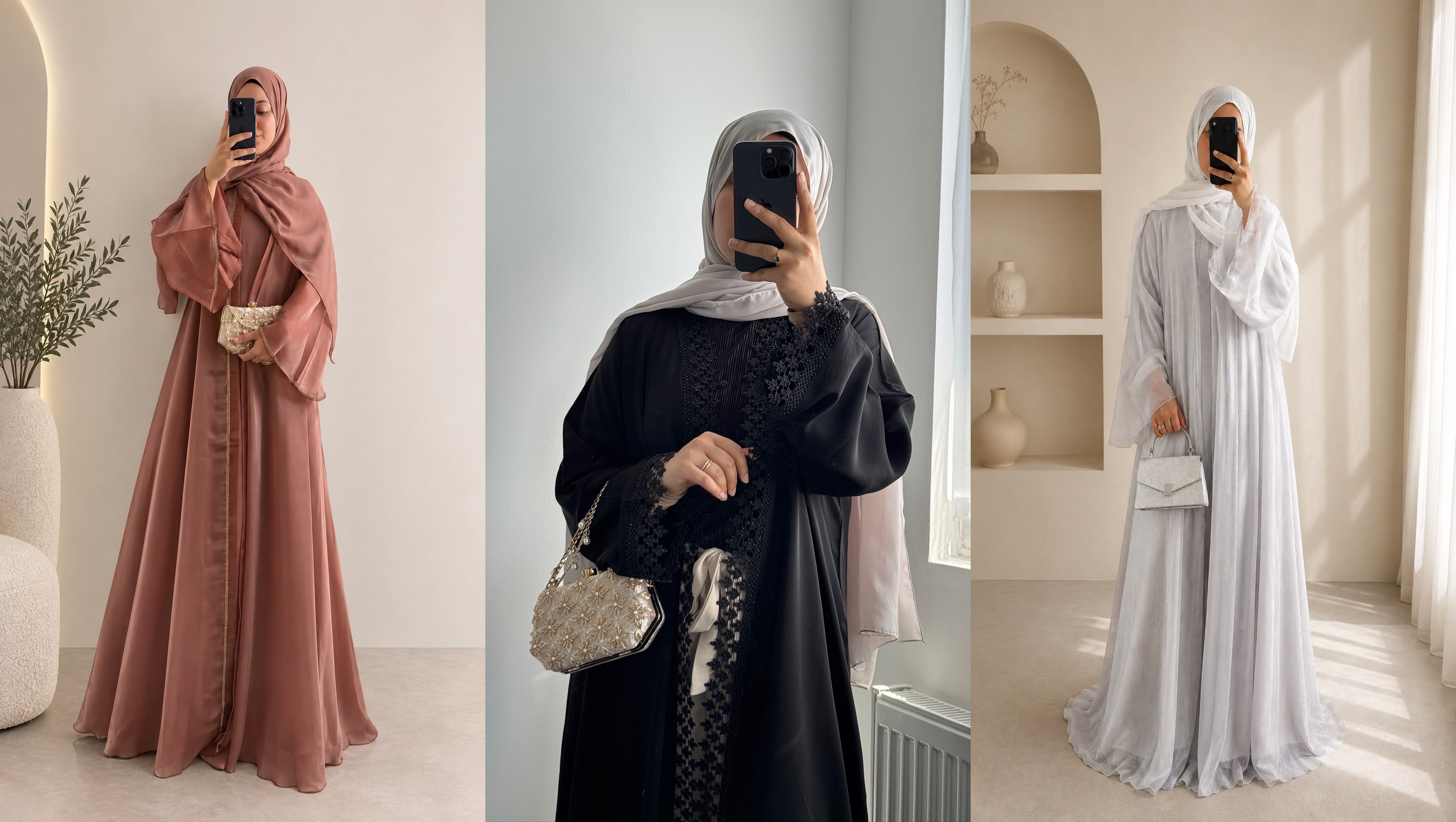 Three Ridha abayas styled with hijabs and accessories
